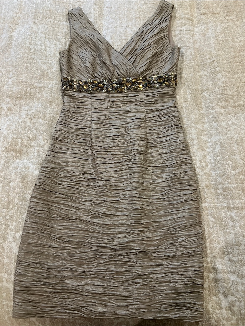 Eliza J Taupe Crinkle Midi Dress with Beaded Waist